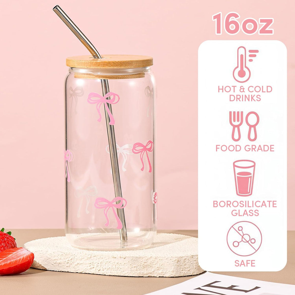 ANABIUP Coquette Cute Pink Bow Glass Cups with Lids and Straws, Aesthetic Iced Coffee Cup, Girly Preppy Design Tumbler Mug for Teen Girls Women Girlfriends Gifts