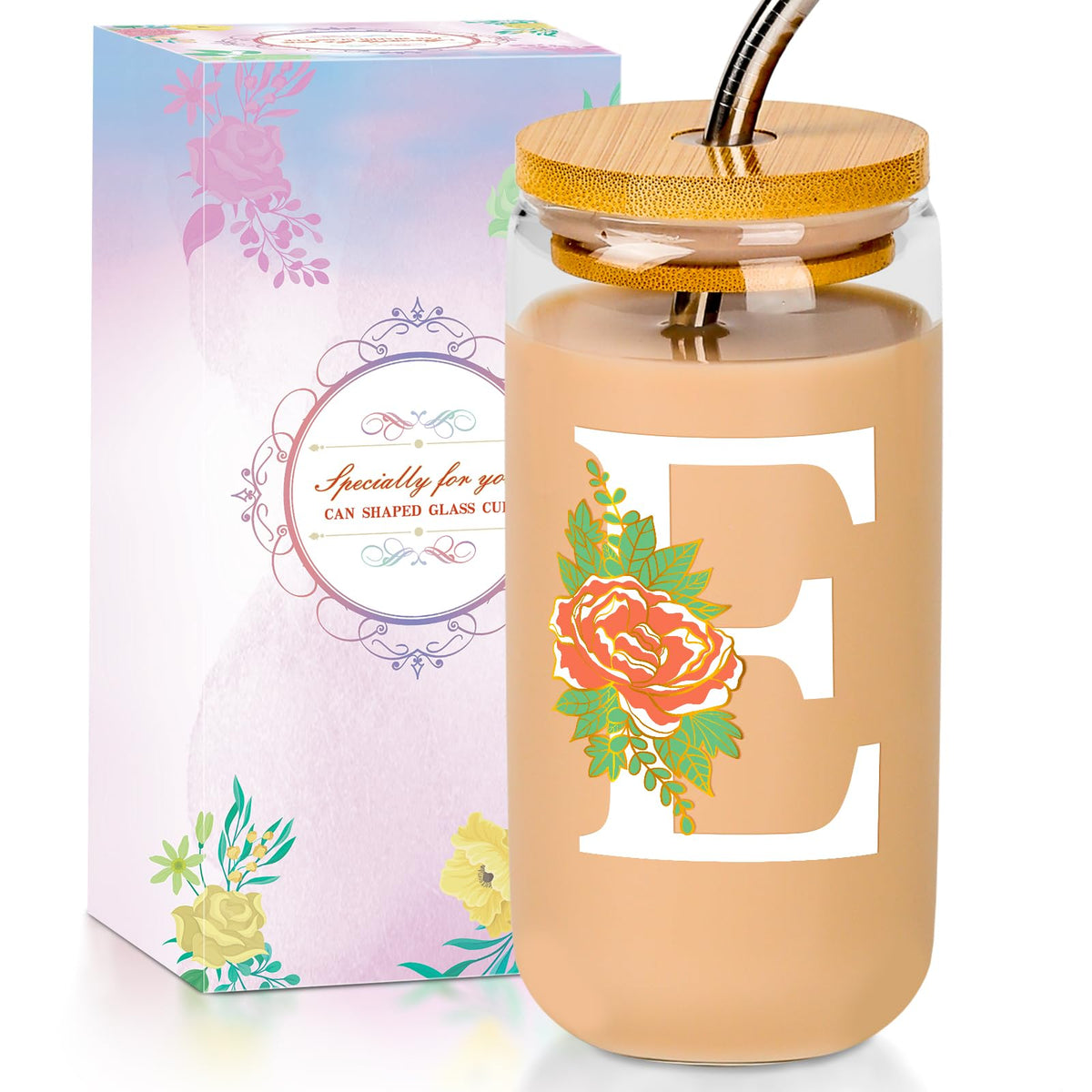 16 Oz Initial Glass Cup with Lid and Straw Personalized Color-Changing