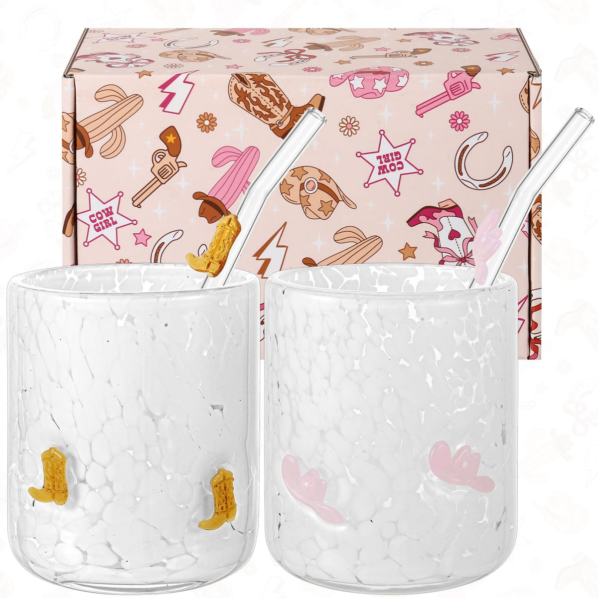 2Pcs 14oz Pink Heart Icon Juice Glass with Straws Gift Box
