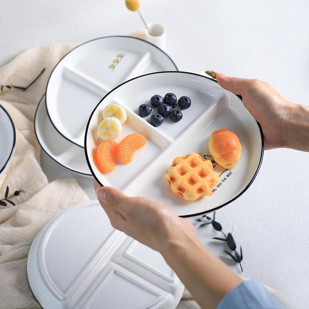 SOCOSY Ceramic 3-Compartment Portion Control Plate Divided Dish Platters, Divided Dessert Salad Dinner Snack Dishes, Appetizer Serving Trays, 1 PC - Balloon Cat-8 Inch