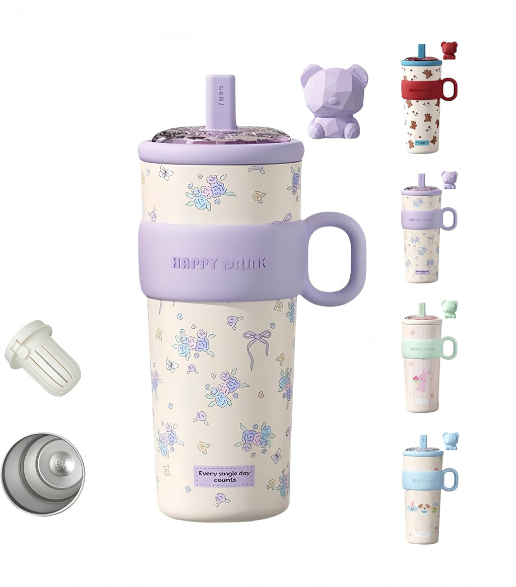 21oz Cute Bear Car Cup with Straw & Cap, Leak-Proof Portable Mug with Tea Strainer, Insulated for Hot/Cold - Ideal for Car, Office, Outdoor (Purple)