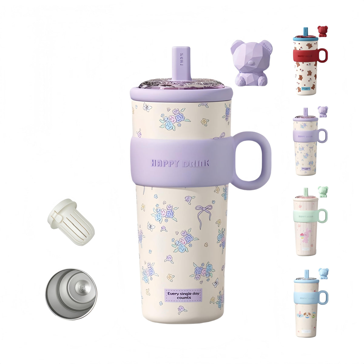 21oz Cute Bear Car Cup with Straw & Cap, Leak-Proof Portable Mug with Tea Strainer, Insulated for Hot/Cold - Ideal for Car, Office, Outdoor (Purple)