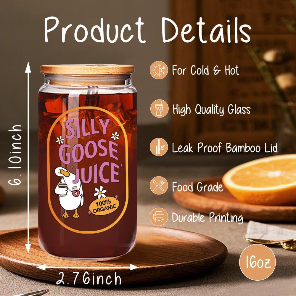 Silly Goose Juice 16oz Glass Cup with Lid and Straw, Funny Silly Goose Gift for Women, Iced Coffee Glass Tumbler for Coffee Lovers, Birthday Gift for Friends, Mom, Sister, Coworker