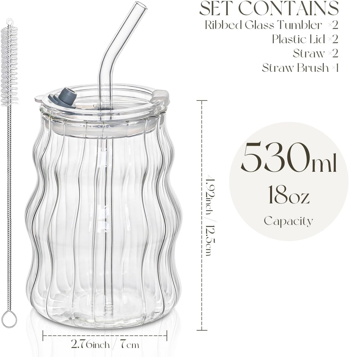 KEMORELA Ribbed Glass Cups with Lids and Straws，18oz Cute Iced Coffee Cups