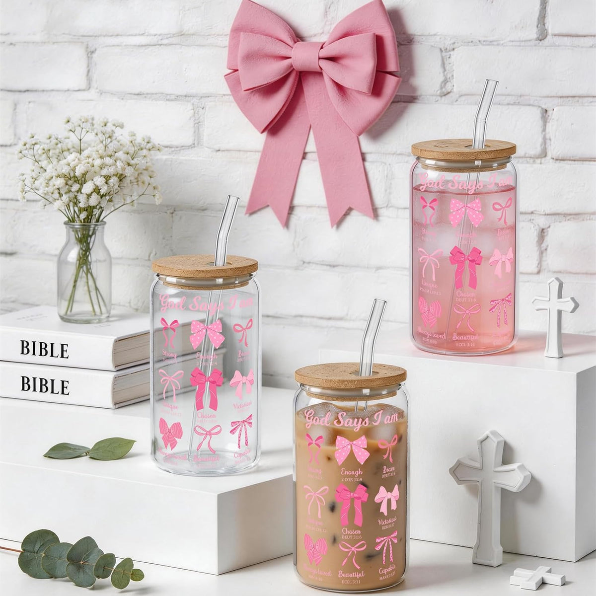 Christian Gifts For Women Girls Pink Bow Glass Cup with Lid and Straw