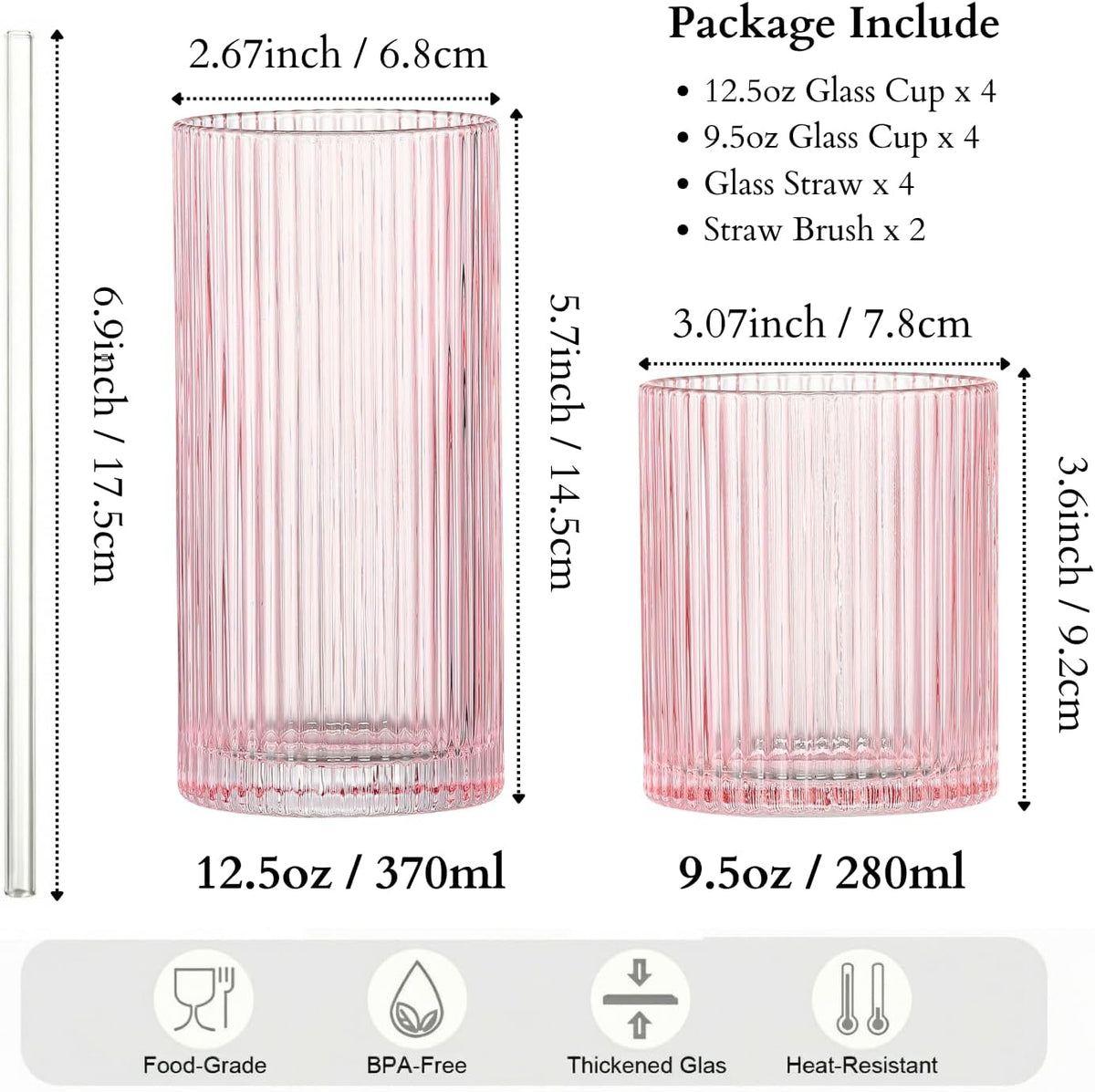 Ribbed Glass Cups with Straws, Pink Glass Drinking Cups, Drinking Glasses Set of 8, 13oz Highball & 10oz Water Glasses, Vintage Kitchen Glassware Set for Juice, Whiskey, Coffee, Cocktail