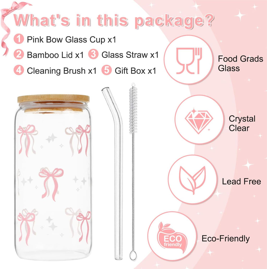 Coquette Pink Bow Glass Cup with Lid Straw Cute Girl Stuff