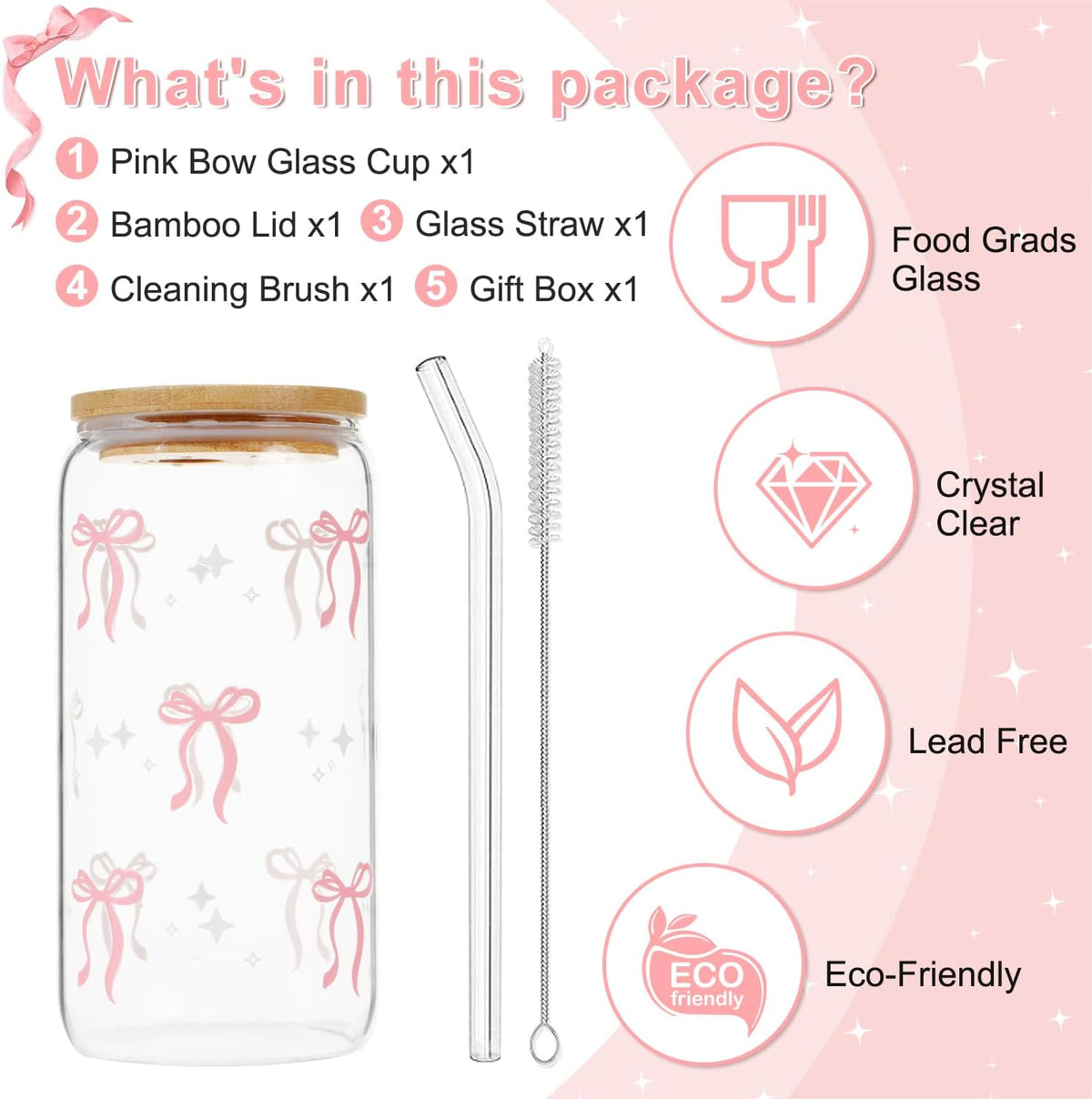 Coquette Pink Bow Glass Cup with Lid Straw Cute Girl Stuff