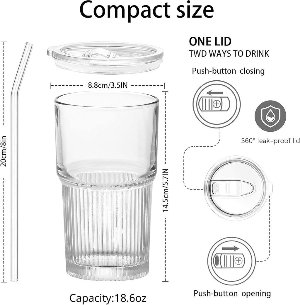 Luiaiog Glass Cup with Lid and Straw, 18.6 oz Ribbed Iced Coffee Tumbler, Leakproof Reusable Drinking Glass for Smoothie, Boba, Water, Single Pack with Straw Brush, Dishwasher Safe