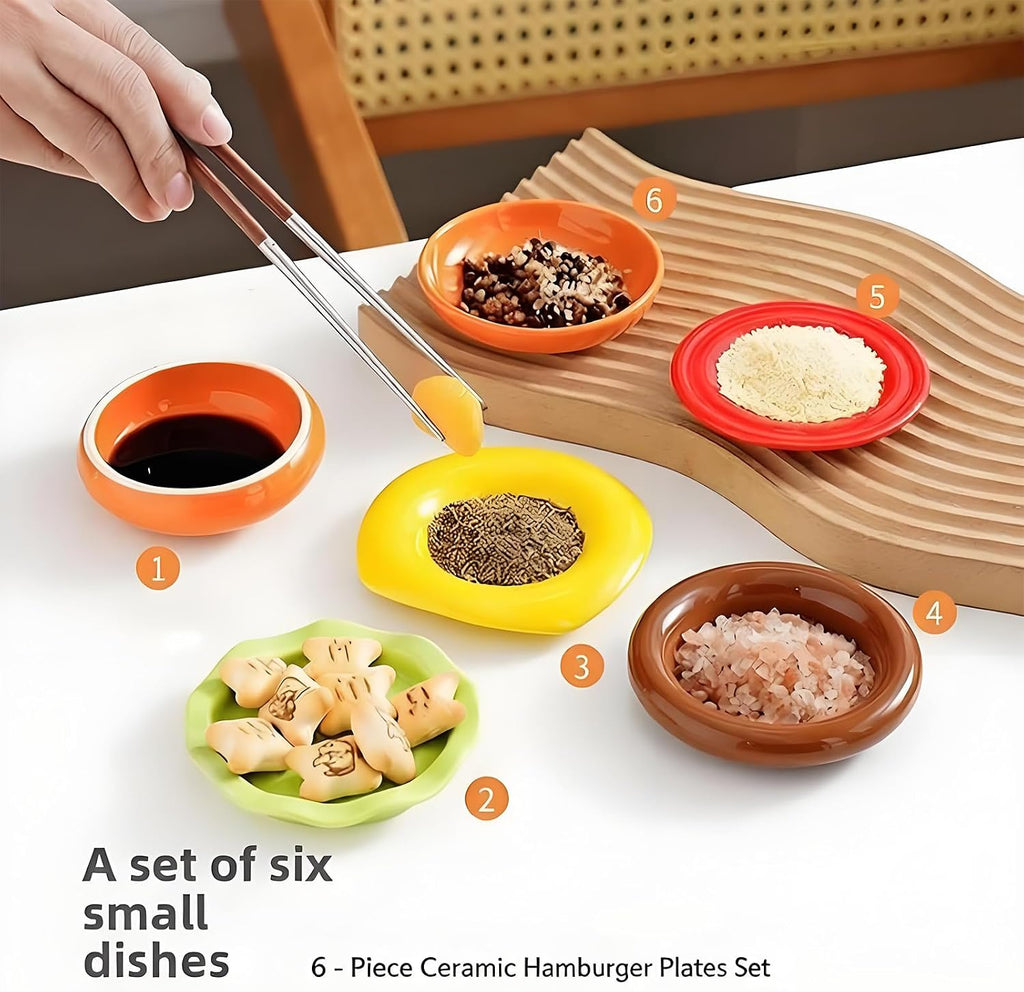 6-Piece Stackable Burger Plate Set, Novelty Ceramic Hamburger Plates Set, Cute Burger-Shaped Tableware, Durable Stackable Dipping Bowls for Snack Dessert Sushi Condiment Party BBQ Home Decor