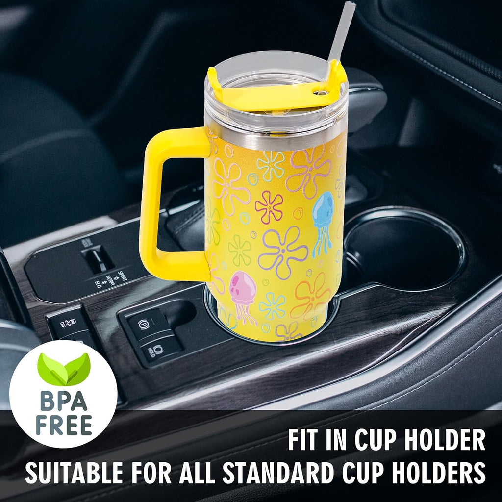 Whaline 40 Oz Cartoon Sponge Tumbler with Handle Straw and Lid Ocean Themed Travel Tumbler Flower Bubble Jellyfish Coffee Cup for Friend Summer Holiday Birthday Party Favors
