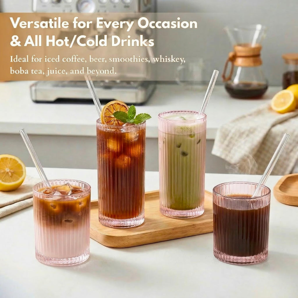 Ribbed Glass Cups with Straws, Pink Glass Drinking Cups, Drinking Glasses Set of 8, 13oz Highball & 10oz Water Glasses, Vintage Kitchen Glassware Set for Juice, Whiskey, Coffee, Cocktail