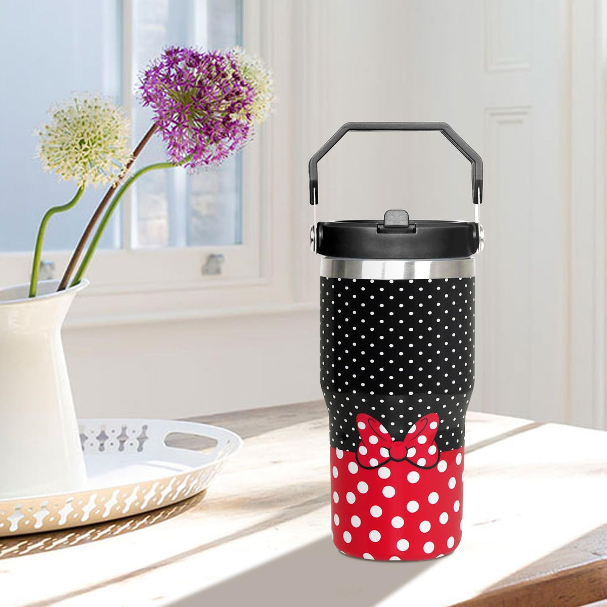 Cartoon Mouse Tumbler 20 Oz With Flip Straw Handle Red Bowknot Cup