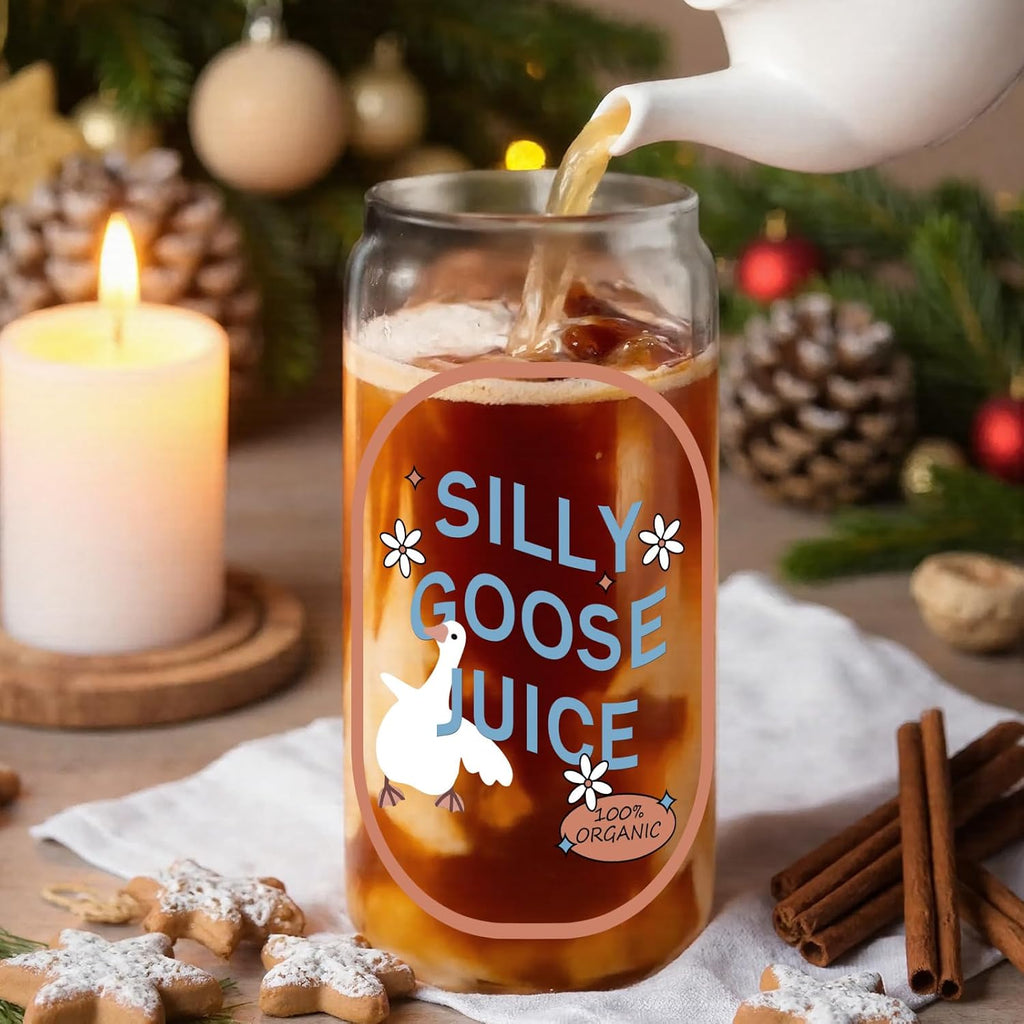 Cute Silly Goose Glass Cup with Lids & Straw 16oz, Ice Coffee Drink Tumbler