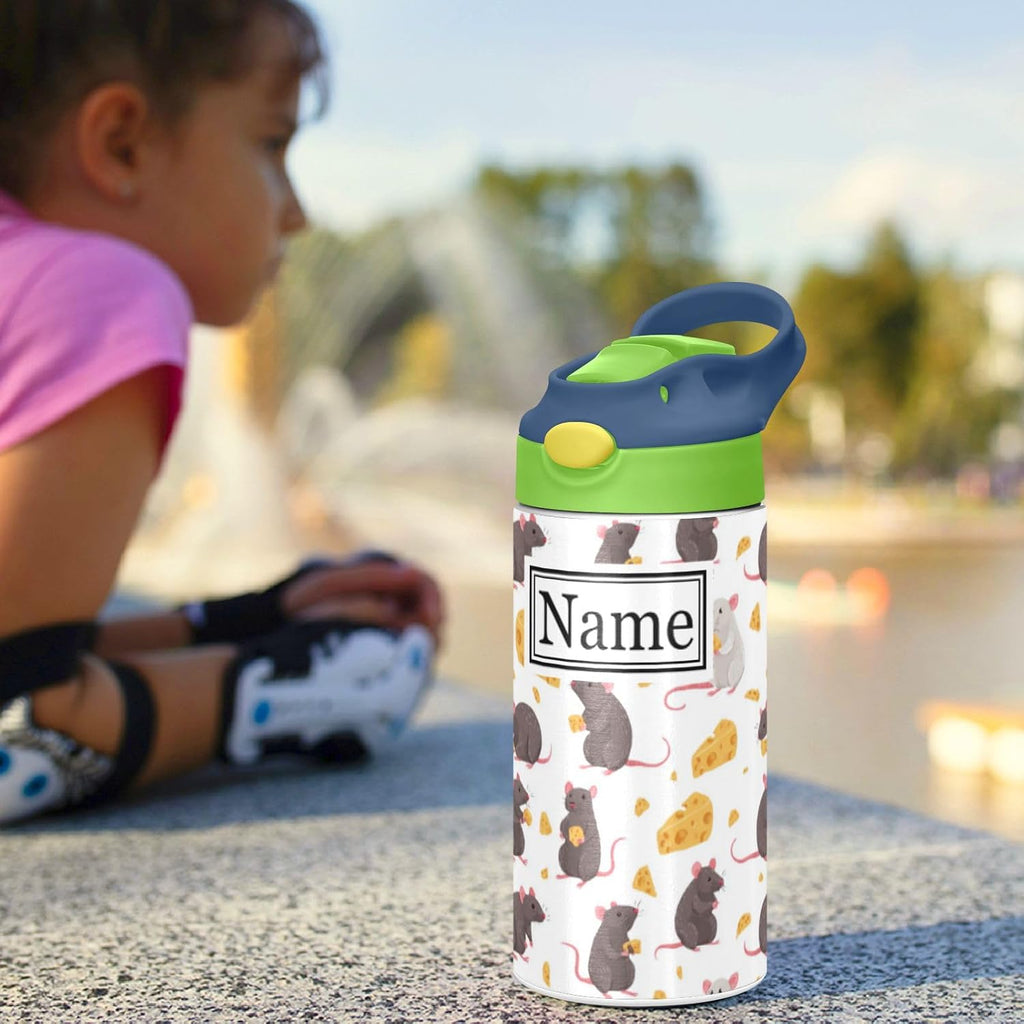 Personalized Name Water Bottles for Kids Cartoon Rats Cheese Custom Toddlers Insulated Stainless Steel with Straw Lid Tumbler Gift for Boys Girls Birthday School