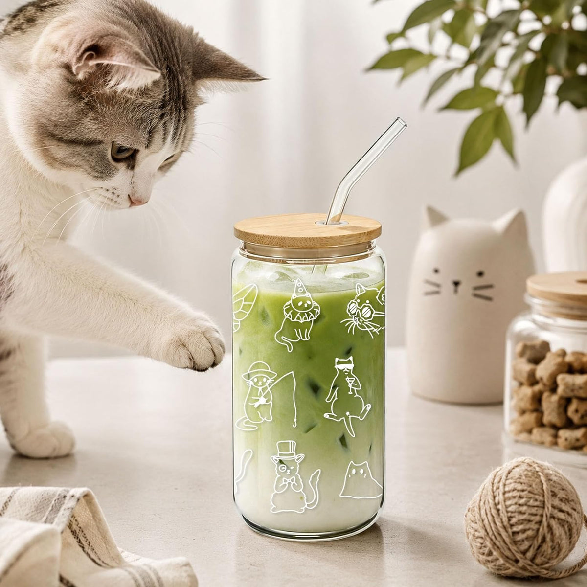 Mikopei Cat Gifts for Women, Cute Glass Cup with Lid and Straw 16 oz