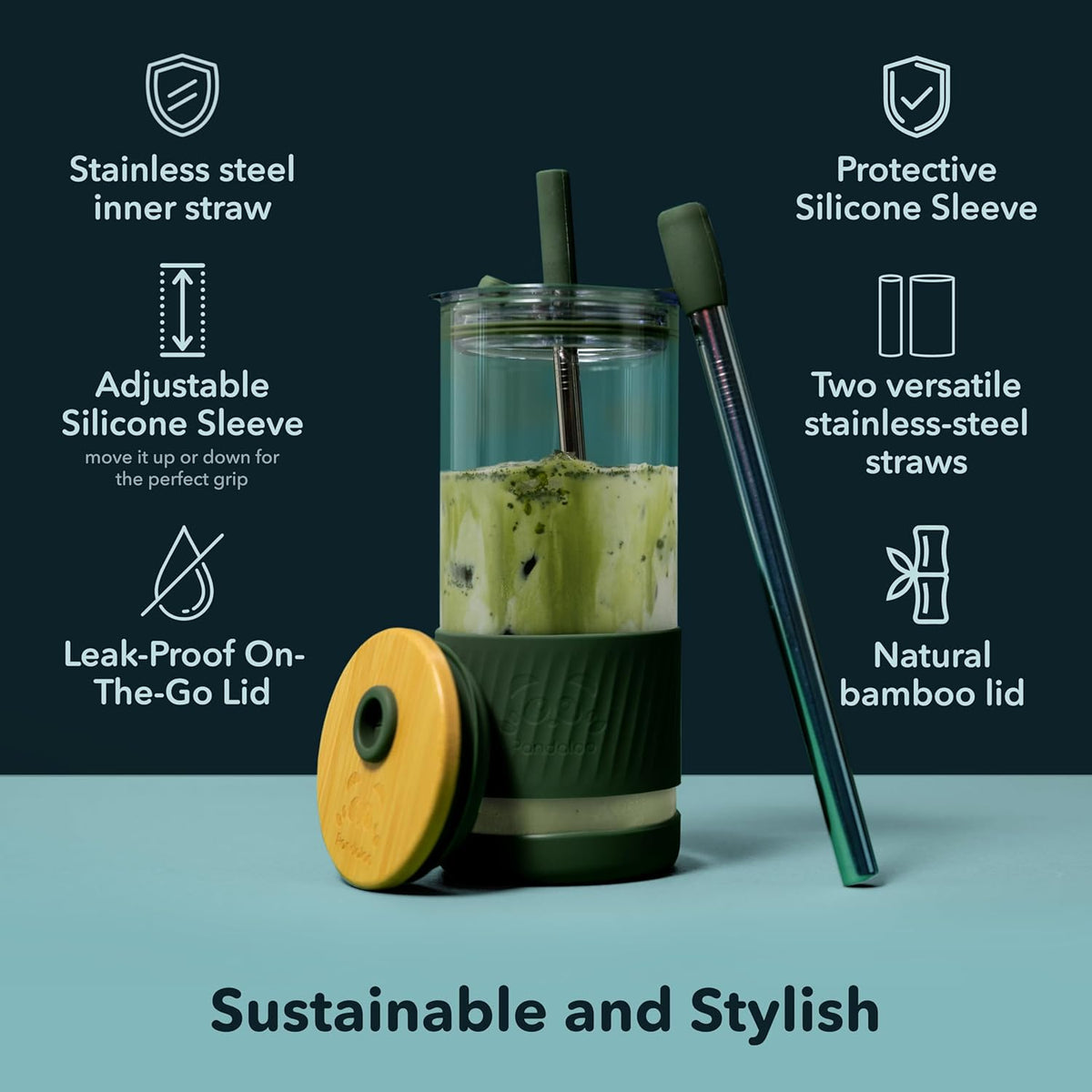Pandaloo® Glass Cups With Lids and Straws -20 Fl Oz- Perfect Size Iced Coffee Cup - Smoothie Cup With Bamboo Lid and On the go Lid - Glass Tumbler With Straw (1 Count (Pack of 1), Tender Pink)