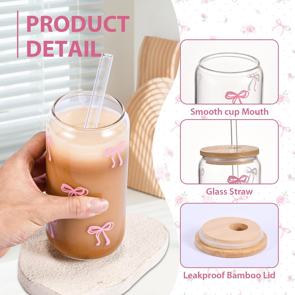 Cute Pink Bow Glass Cups with Lids & Straws, Aesthetic Iced Coffee Cup, Girly Preppy Design Tumbler Mug, Birthday Valentine Gifts for Women, Teen Girl Gifts Trendy Stuff