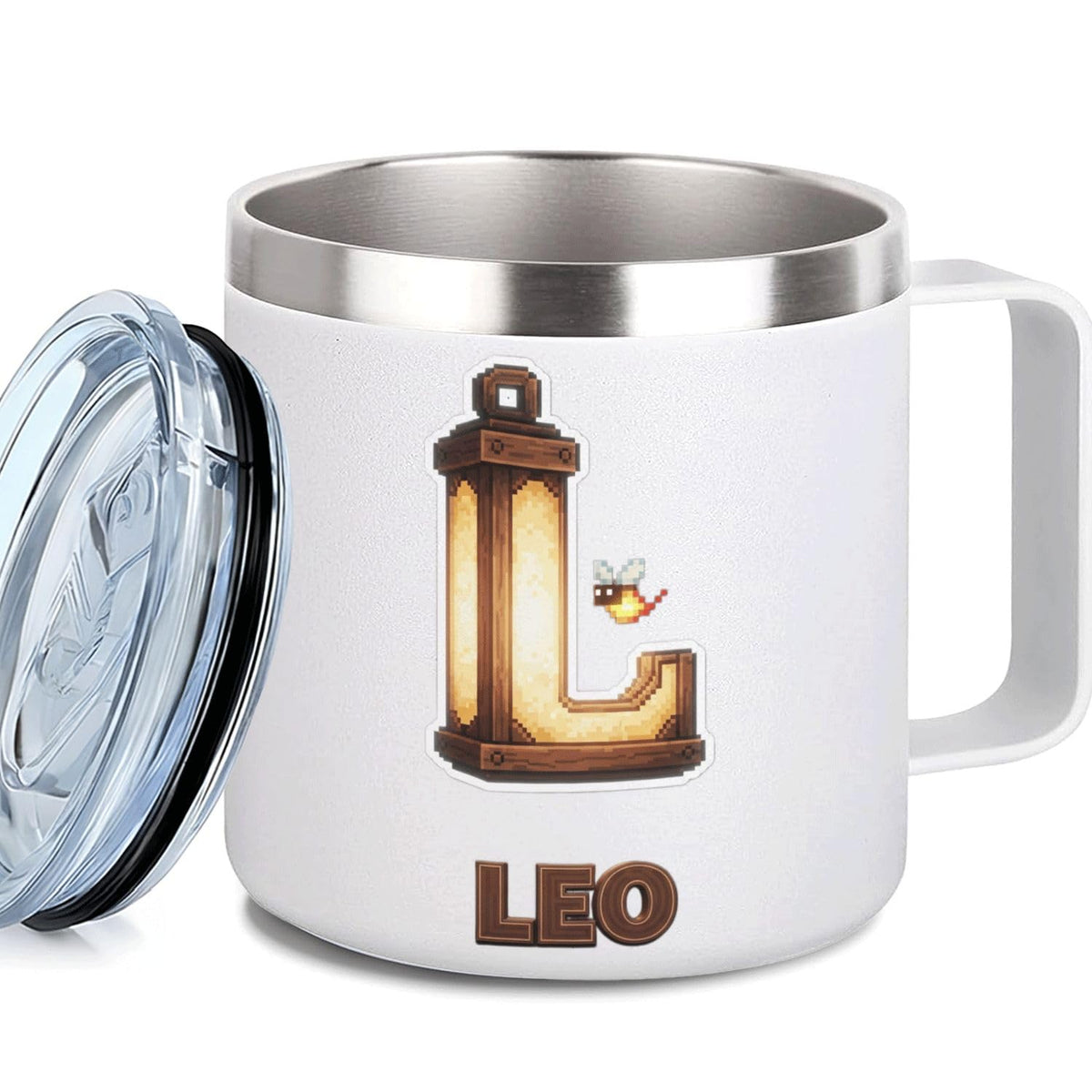 Leo Personalized Kids Mug with Lid, 10 oz Stainless Steel Insulated Camp Cup, Cartoon Lion Tropical Tiki Theme