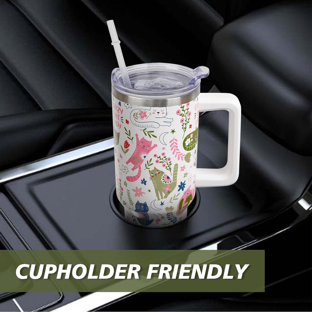 40 oz Cat Tumbler with Handle and Straw, Cute Cartoon Stainless Steel Vacuum Insulated Travel Coffee Mug Cup Water Bottle, Cats Stuff Accessories Decor, Cat Lover Gifts for Women Girls
