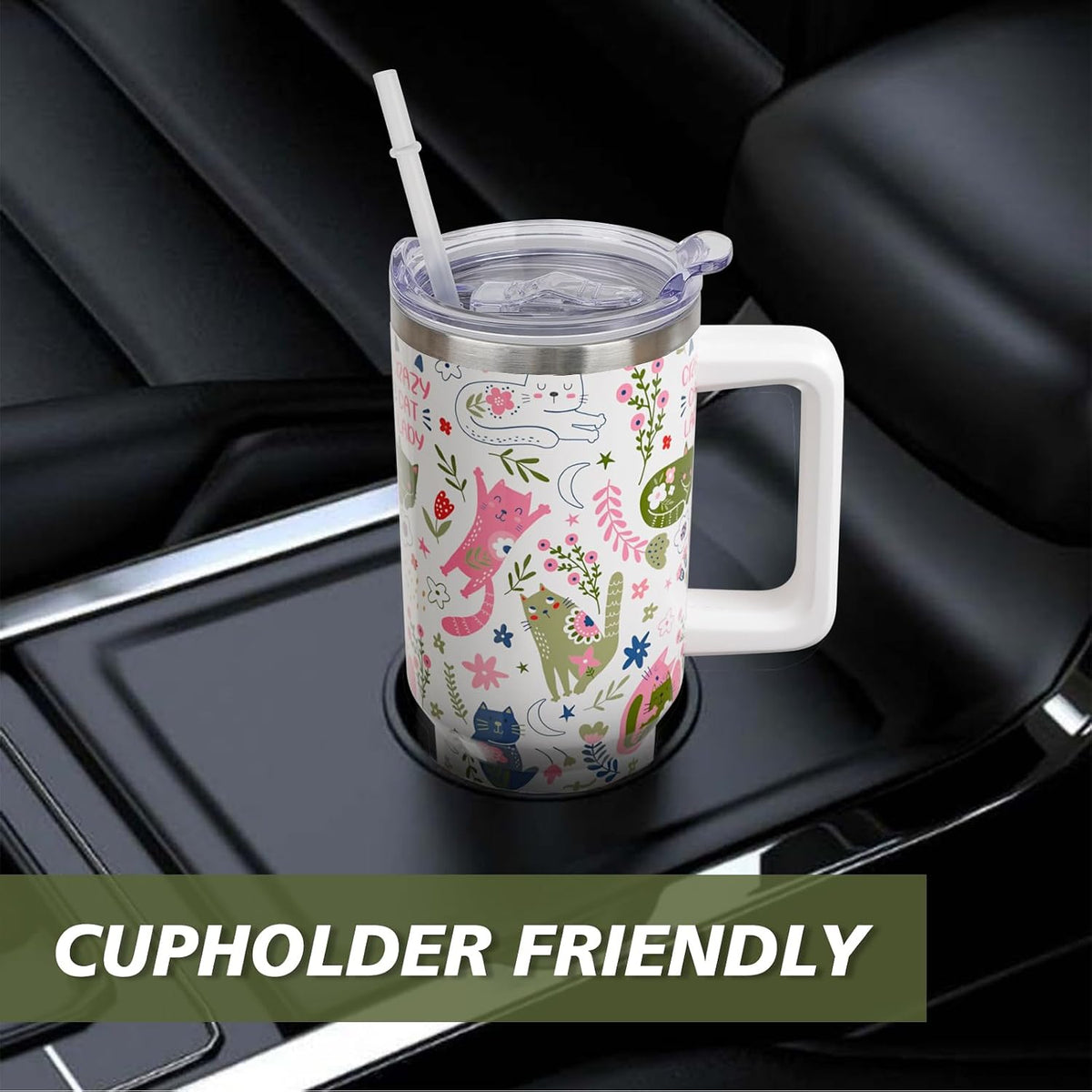 40 oz Cat Tumbler with Handle and Straw, Cute Cartoon Stainless Steel Vacuum Insulated Travel Coffee Mug Cup Water Bottle, Cats Stuff Accessories Decor, Cat Lover Gifts for Women Girls