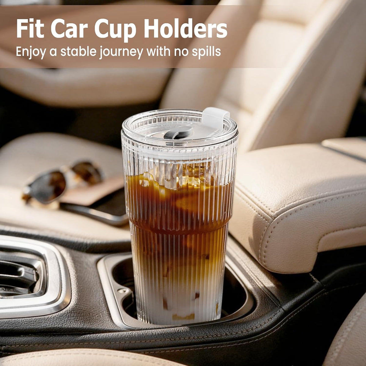 TUZAZO 4 Pack 20oz Ribbed Glass Tumblers with Lids and Straws
