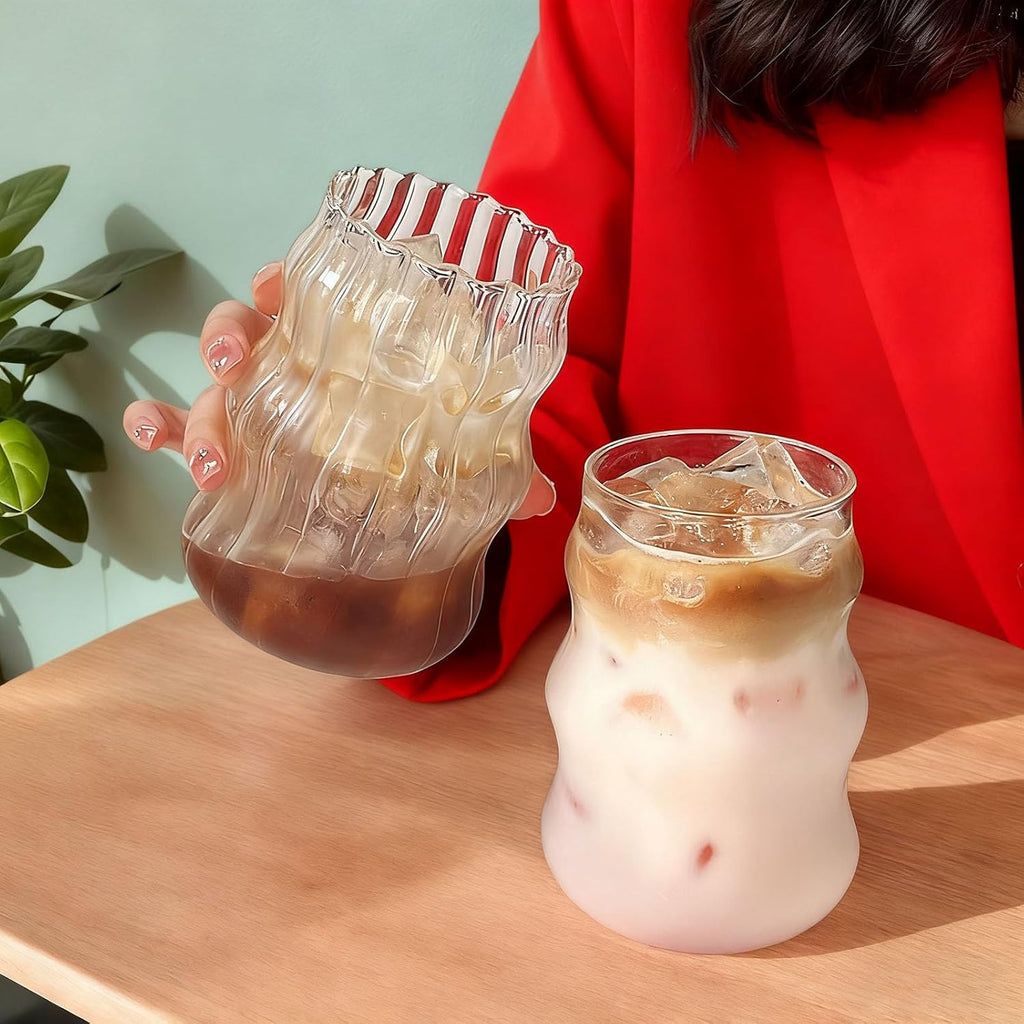 2 Pcs Cute Ribbed Glass Cups 18 oz