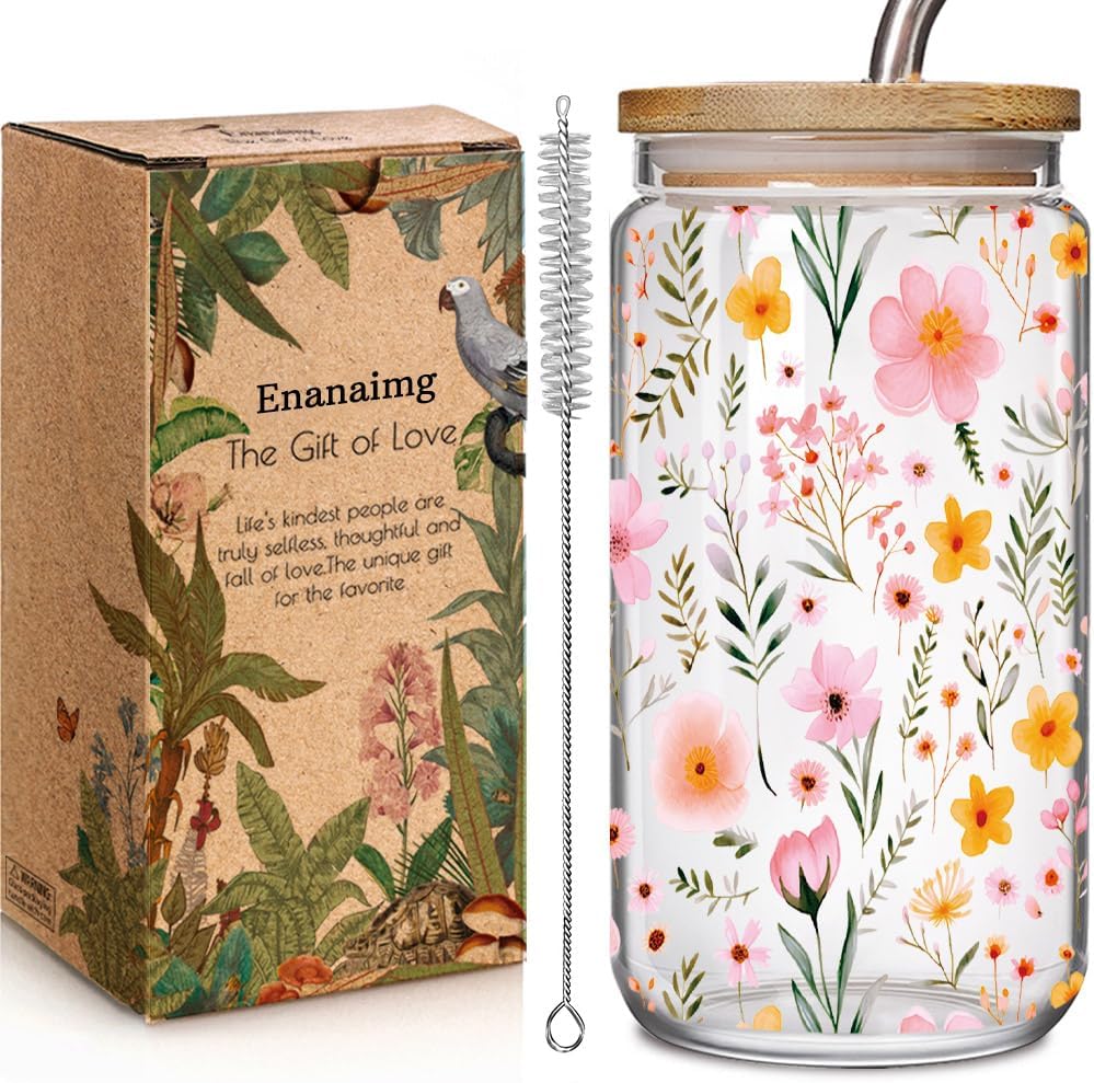 Floral 16oz Iced Glass Cups with Bamboo Lids and Straws Wildflower Coffee Cup Gift for Women Cute Flower Drinking Glass with Cleaning Brushes, Flower Gifts for Mother Birthday Bridesmaid Party