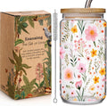 Floral 16oz Iced Glass Cups with Bamboo Lids and Straws Wildflower Coffee Cup Gift for Women Cute Flower Drinking Glass with Cleaning Brushes, Flower Gifts for Mother Birthday Bridesmaid Party