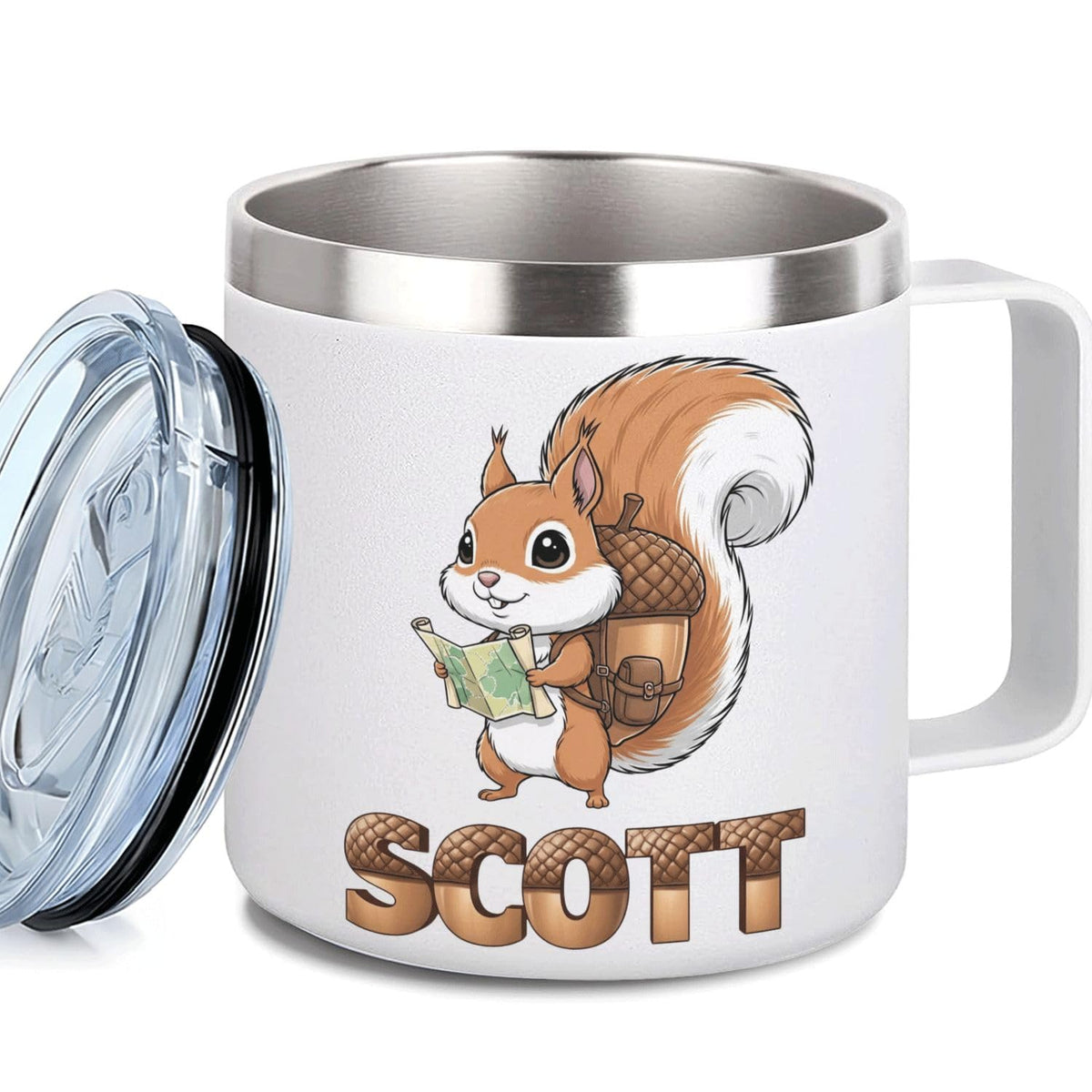 Leo Personalized Kids Mug with Lid, 10 oz Stainless Steel Insulated Camp Cup, Cartoon Lion Tropical Tiki Theme