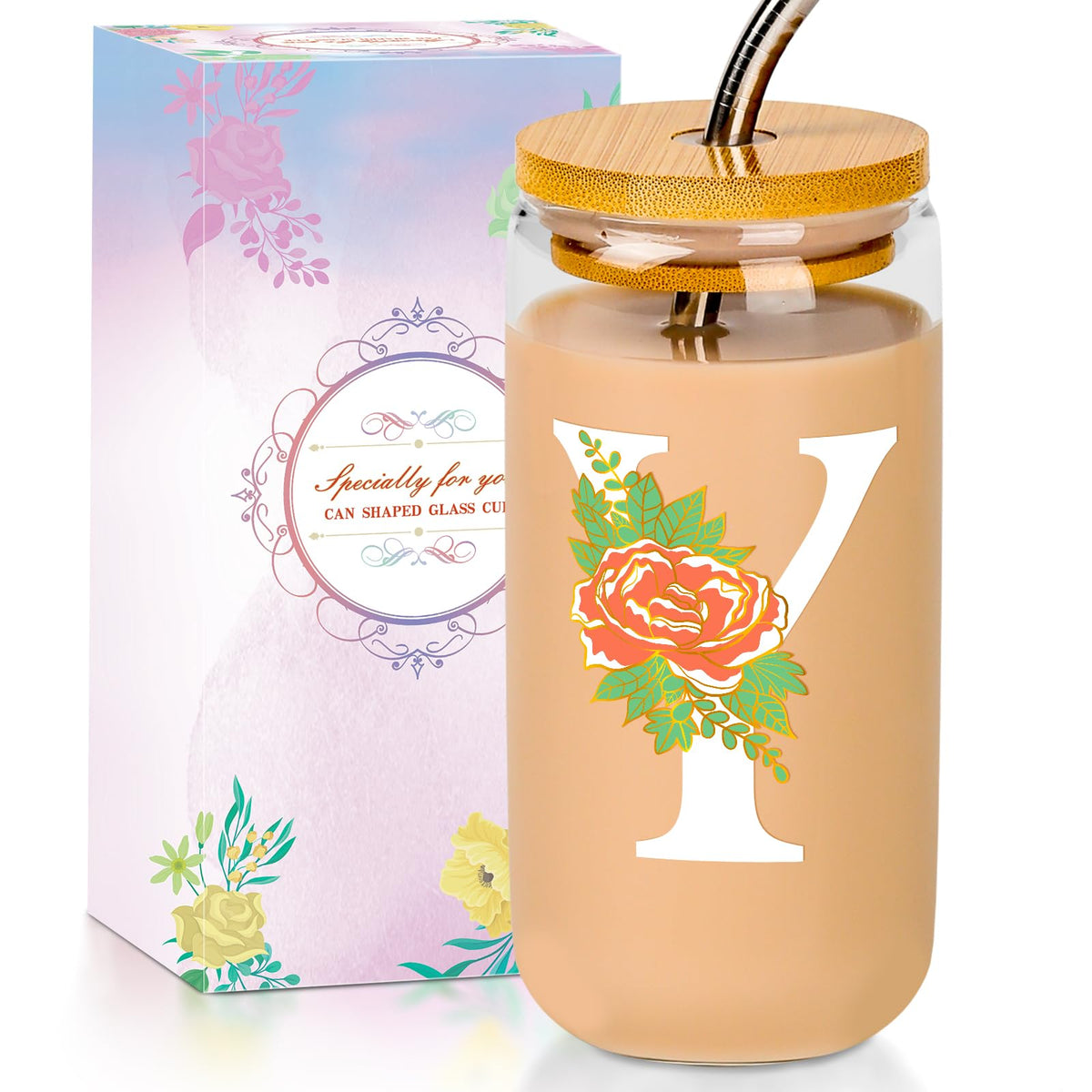 16 Oz Initial Glass Cup with Lid and Straw Personalized Color-Changing