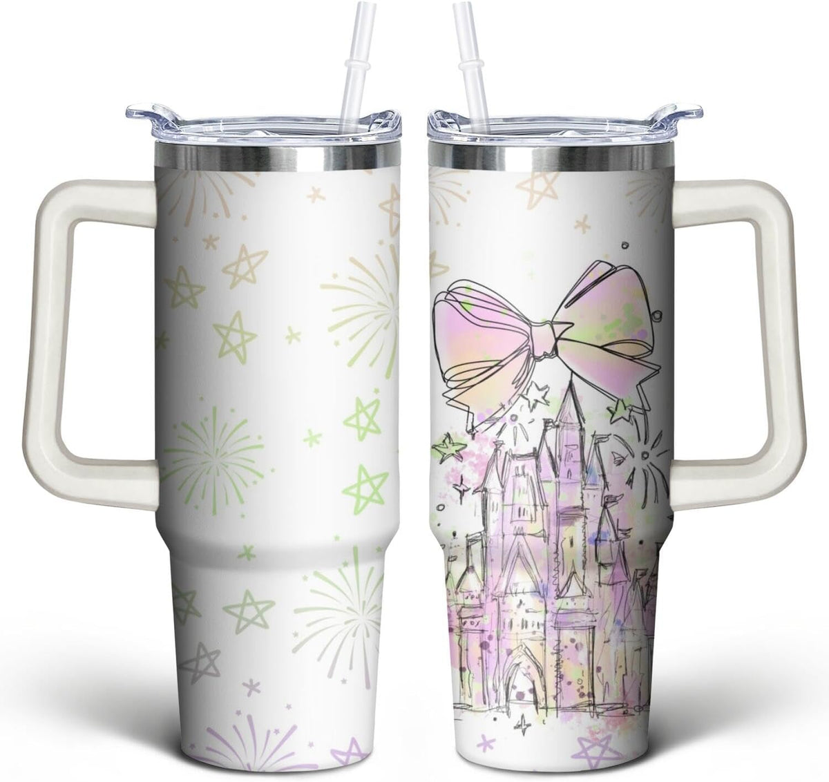 30oz Cartoon Castle Gifts for Castles Lovers-Bowknot Fireworks Tumbler with Handle with Lid and Straw Cup Stainless Steel Insulated Travel Coffee Mug - Birthday,Christmas Gift