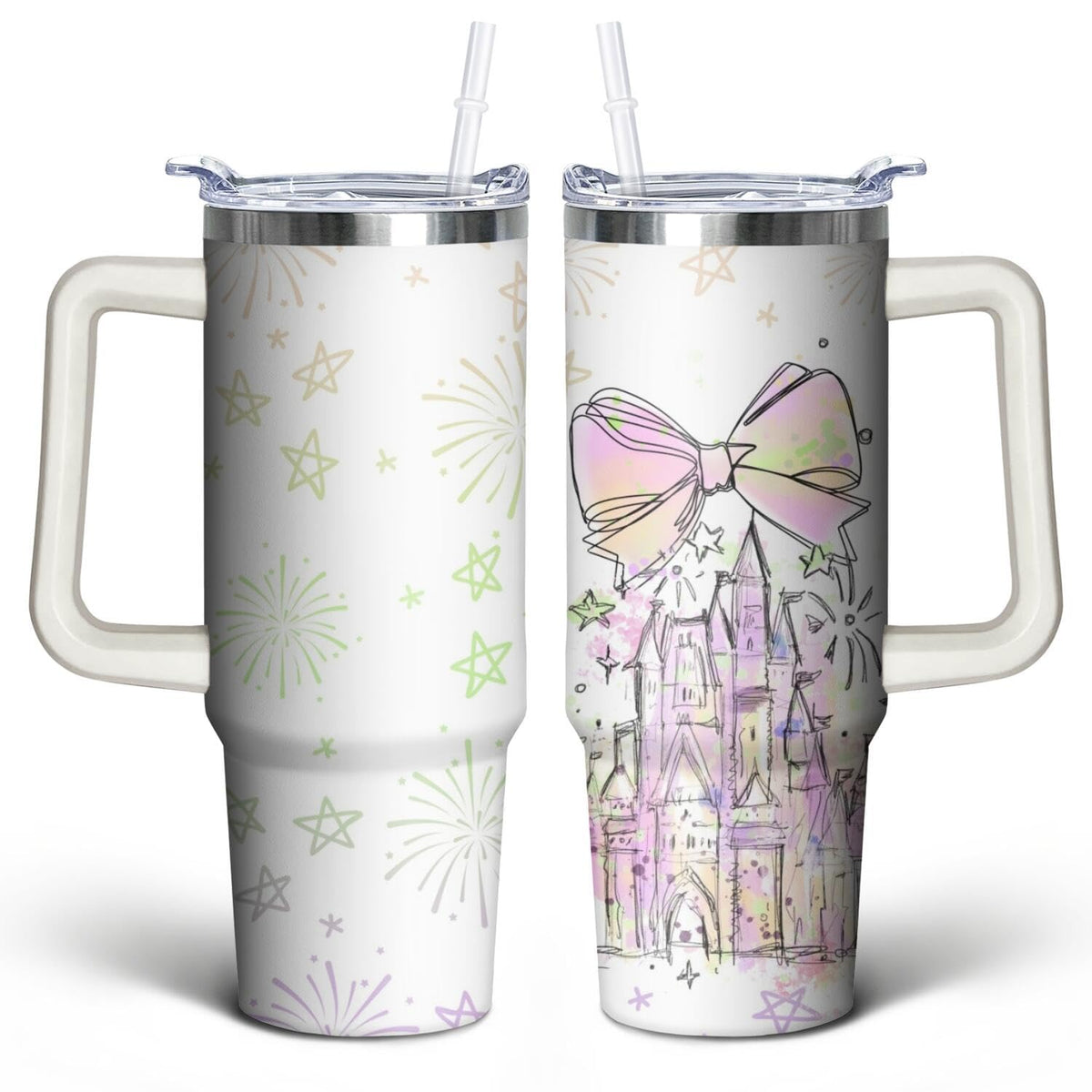 30oz Cartoon Castle Gifts for Castles Lovers-Bowknot Fireworks Tumbler with Handle with Lid and Straw Cup Stainless Steel Insulated Travel Coffee Mug - Birthday,Christmas Gift