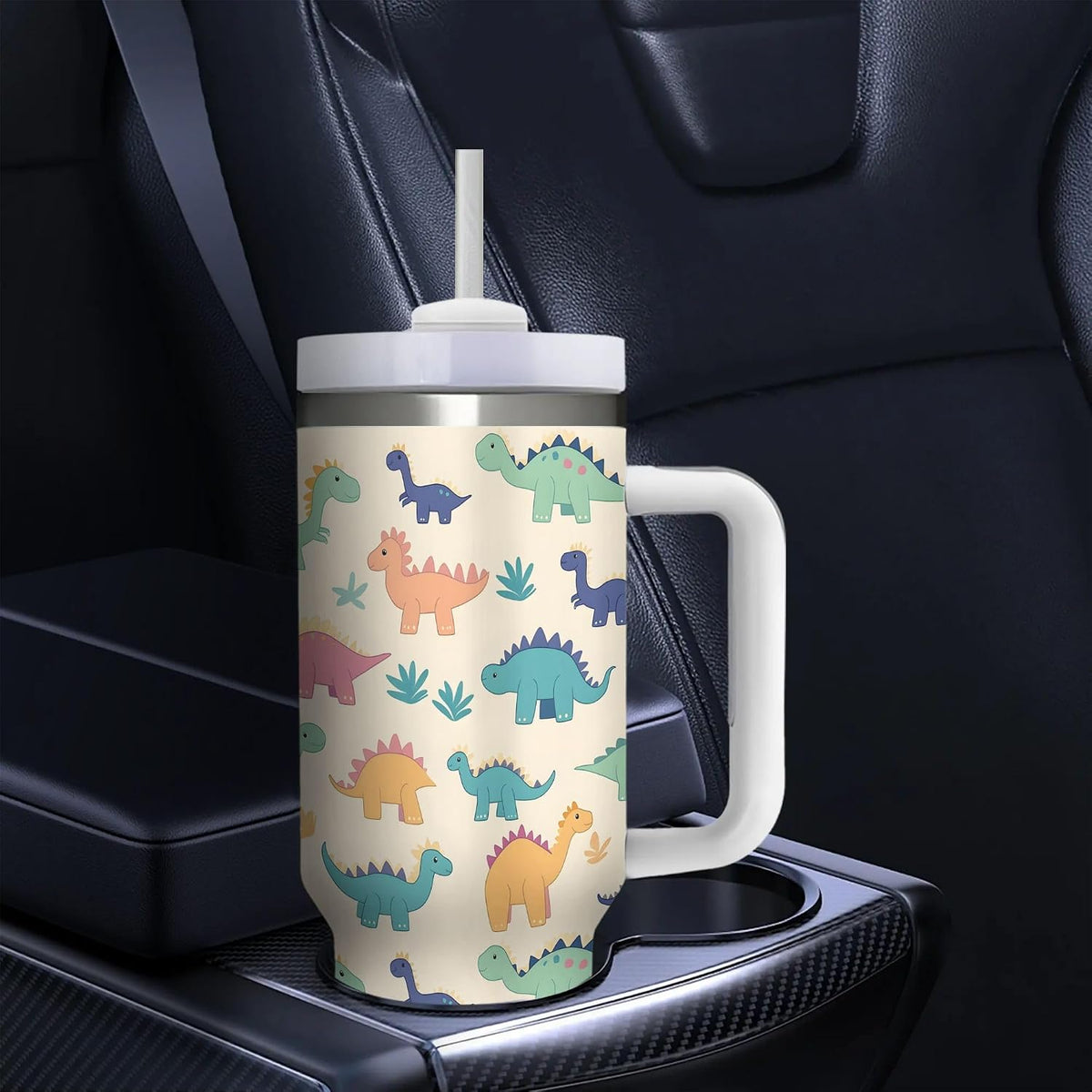 40oz Cute Dinosaurs Tumbler with Handle, Double Wall Stainless Steel Travel Coffee Mug with Straw Lid, Cartoon Insulated Cooling Cup for Christmas Birthday Gifts (Printed in US)