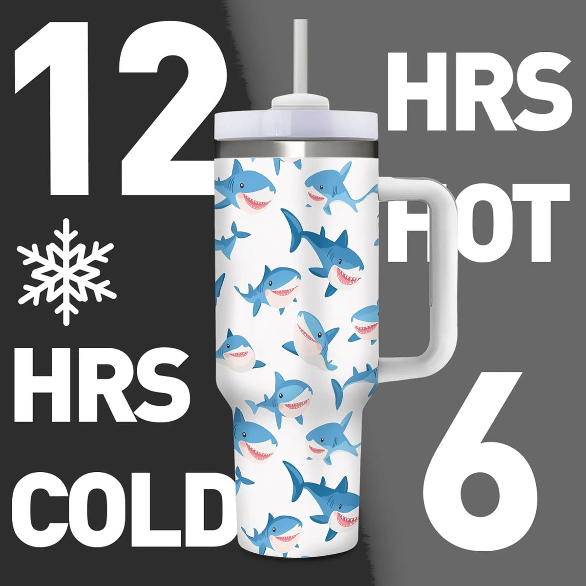 Cartoon Sharks 40 Oz (1200 ml) Ice Bully Cup with Handle Straw, Cute Sea Animals Stainless Steel Travel Insulated Tumbler, Personalized Coffee Mug for Birthday Festval Gifts
