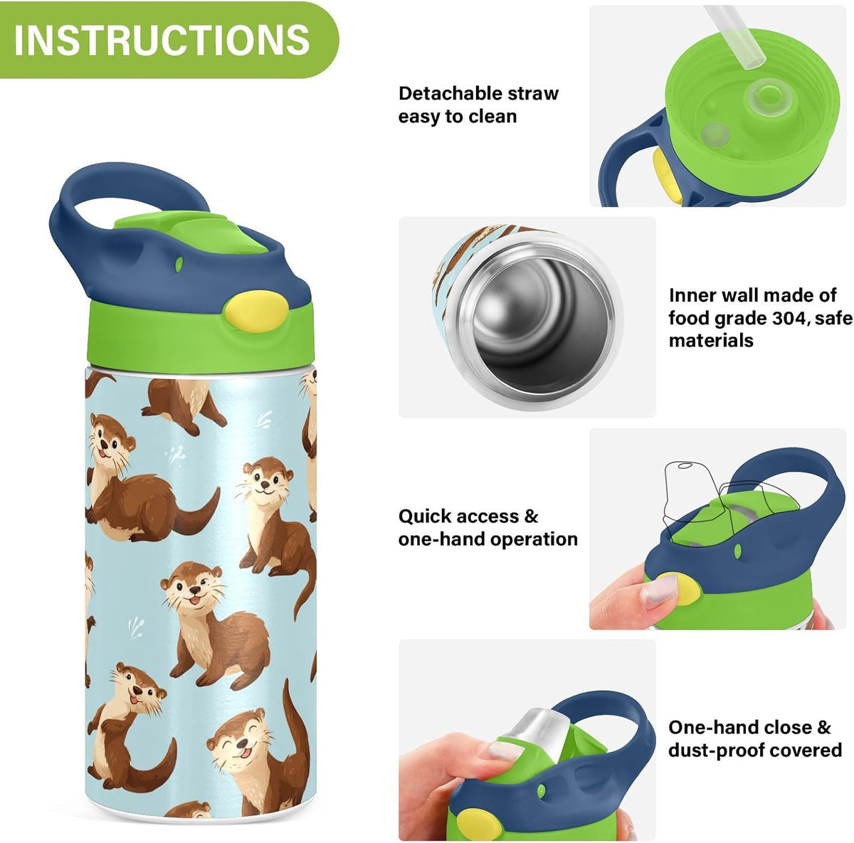 Pigsaly Kids Insulated Water Bottle Cute Cartoon Otter Blue 12oz Stainless Steel Vacuum Insulated Tumbler With Handle Double Wall Vacuum Travel Coffee Mug Toddler Cup For Boys Girls