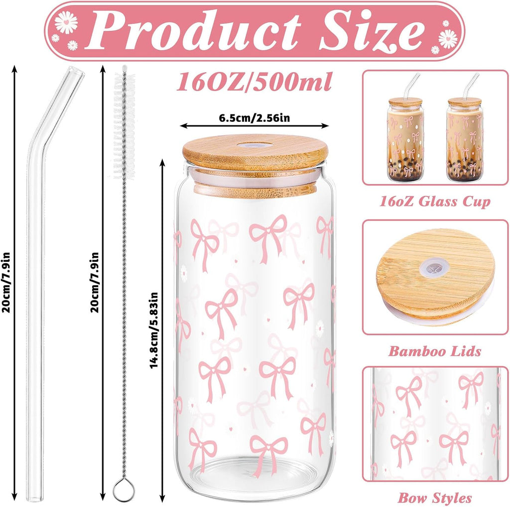 2 Pcs Cute Pink Bow Glass Cups with Lid and Straws Preppy Stuff For Girls