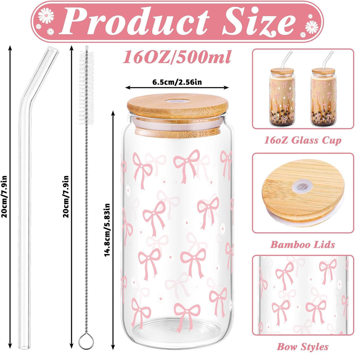 2 Pcs Cute Pink Bow Glass Cups with Lid and Straws Preppy Stuff For Girls