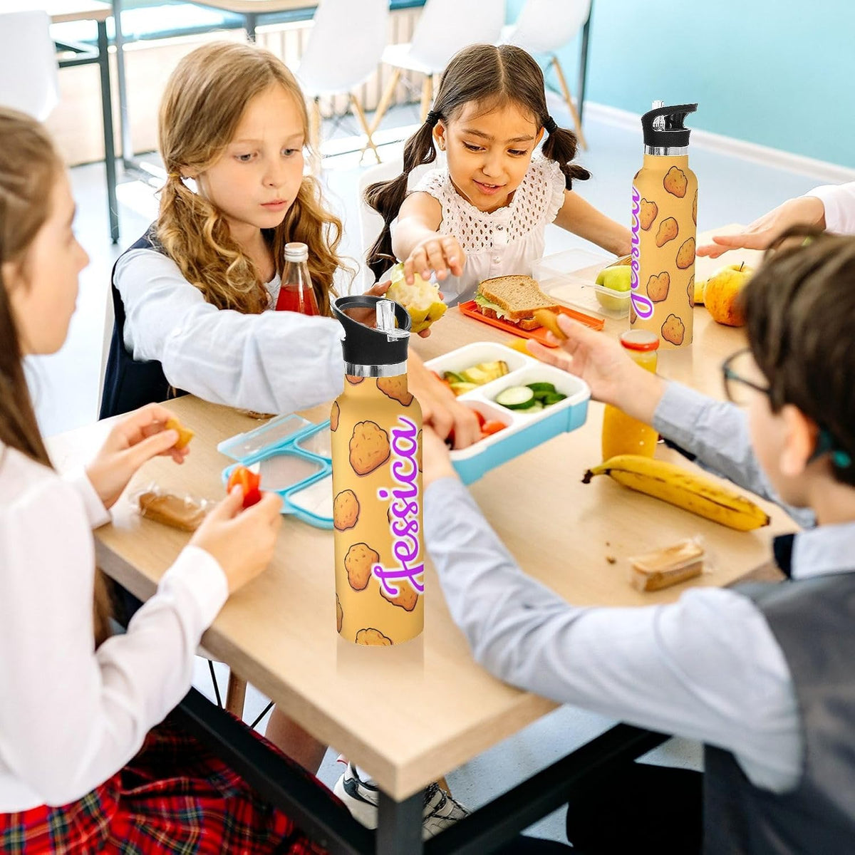 Kcldeci Kids Water Bottle for School Cartoon Chicken Nuggets Personalized 20oz Stainless Steel Insulated Tumbler with Straw, Leak-Proof Travel Flask for Boys Girls, BPA-Free