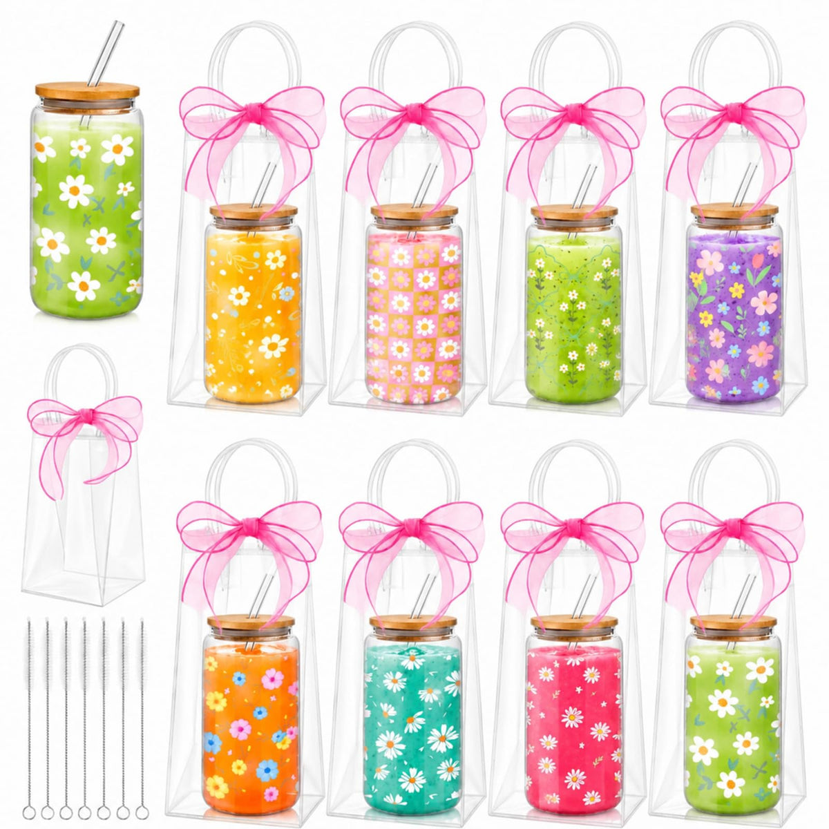 Mumufy 6 Sets Wildflower Cute Glass Cups with Lids and Straws Bulk, 16 Oz