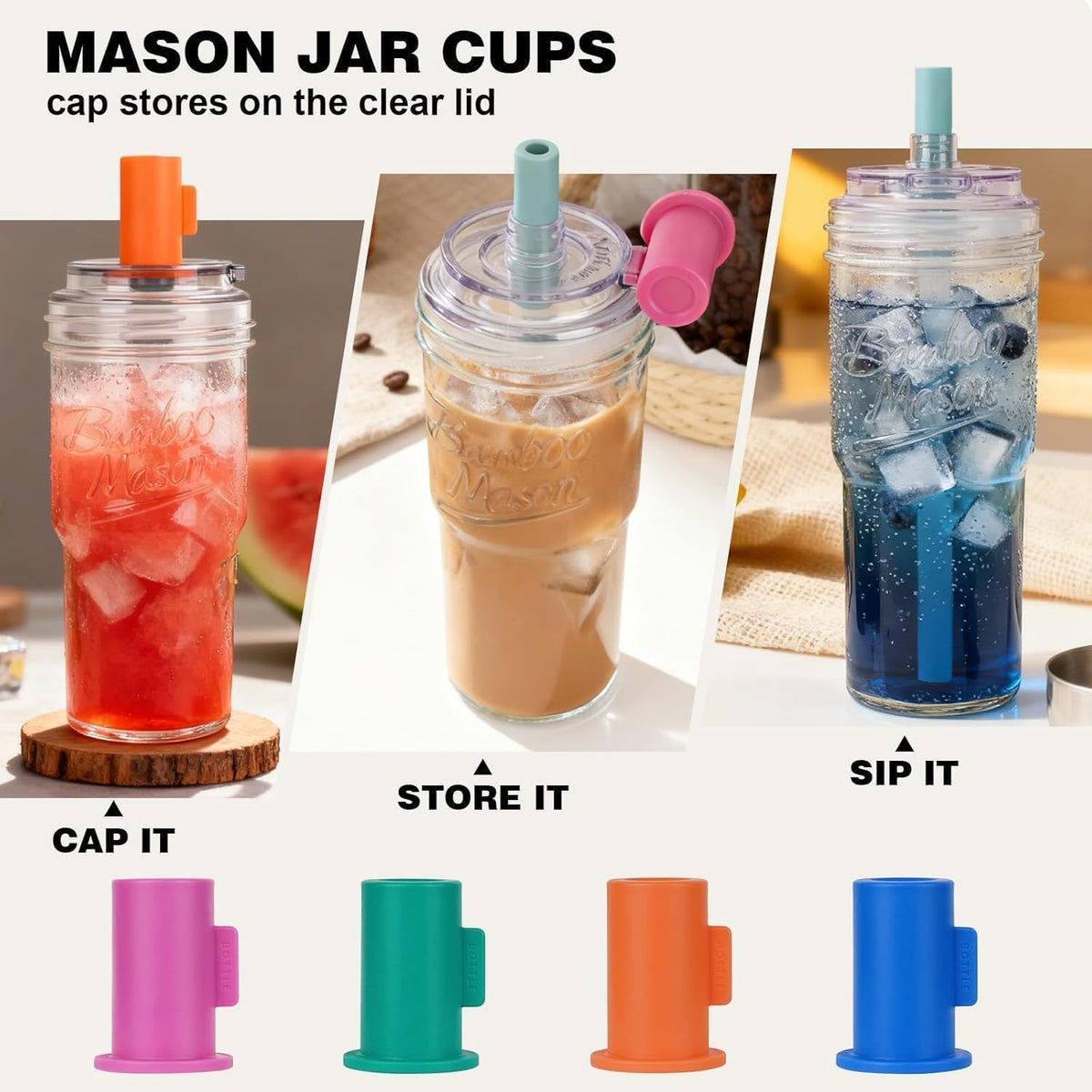 ANOTION Glass Cups With Lids And Straws, Leakproof Tumbler 24oz Mason Jar Cups, Cap Cup Leak-Proof, Self-Assembly Silicone Straw, Reusable Iced Coffee Smoothie Matcha Cup Aesthetic Coffee Gifts Women