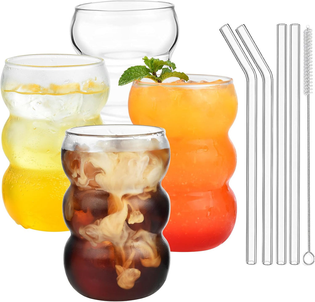 ALINK 16 oz Large Ribbed Glassware Drinking Glasses with Straws Set of 4, Crystal Vintage Glassware Iced Coffee Cups, Cocktail Glass Cups for Beer, Whiskey, Soda, Water, Tea, Milk,Juice