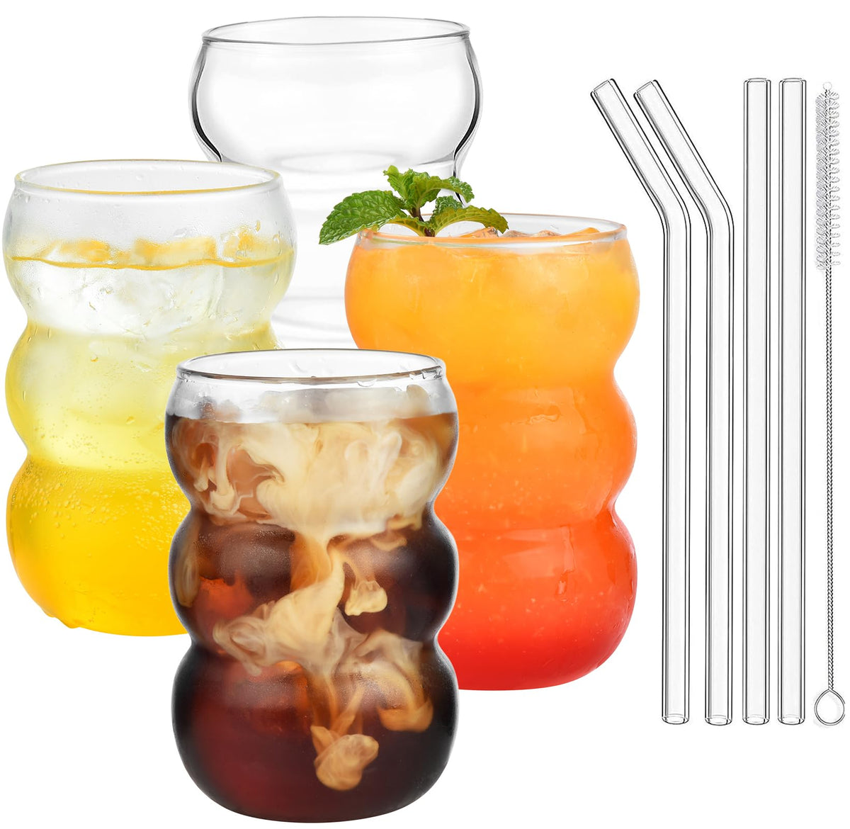 ALINK 16 oz Large Ribbed Glassware Drinking Glasses with Straws Set of 4, Crystal Vintage Glassware Iced Coffee Cups, Cocktail Glass Cups for Beer, Whiskey, Soda, Water, Tea, Milk,Juice
