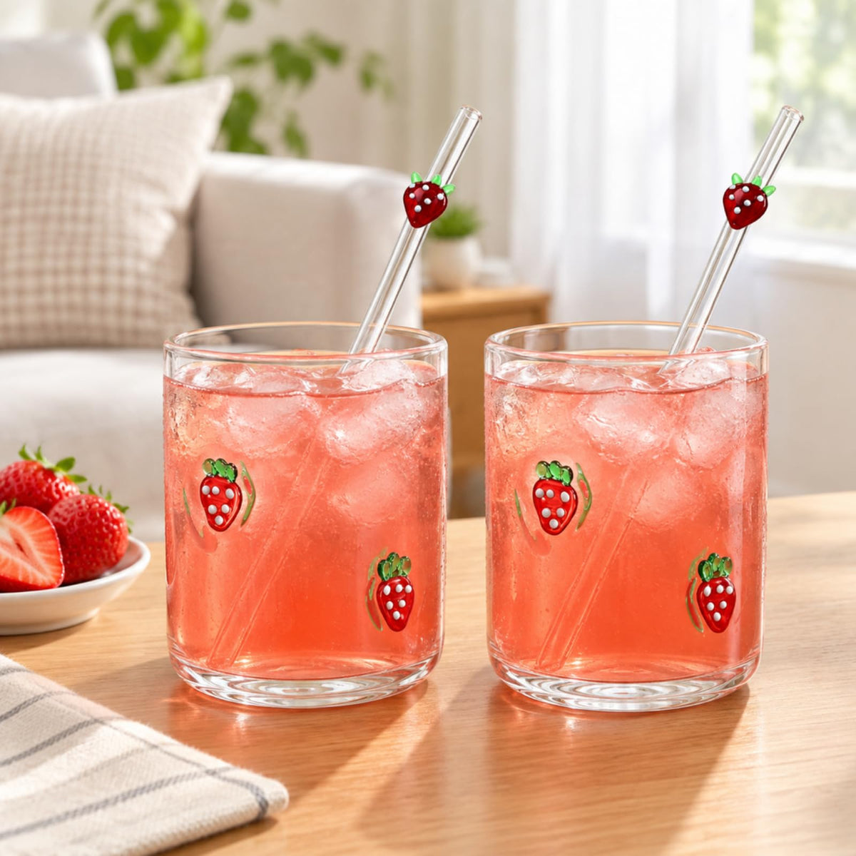 Skylety 2 Set Pink Bow Icon Juice Glasses, 14 oz Cocktail Cups with Straws
