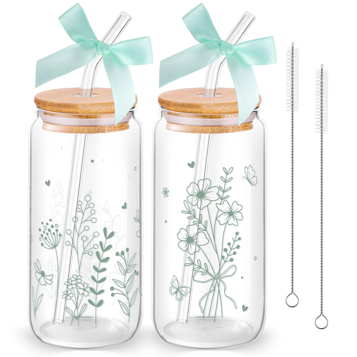 2 Pcs Cute Pink Bow Glass Cups with Lid and Straws Preppy Stuff For Girls
