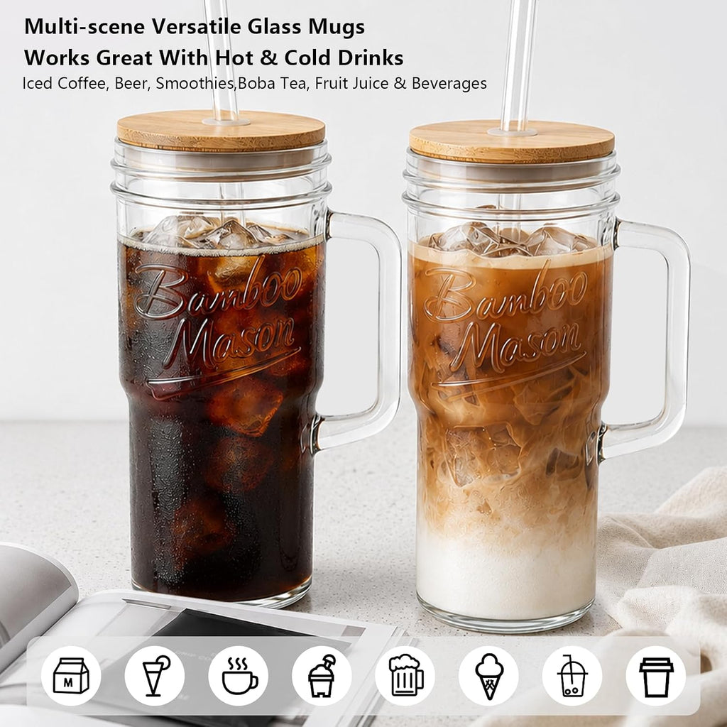 ANOTION Glass Cups with Lids and Straws - 24oz Tumbler with Handle Coffee Cups Glass Straws Glasses Mason Jar Cups Drinking Set Kitchen Essentials Coffee Bar Accessories House Warming Gifts New Home