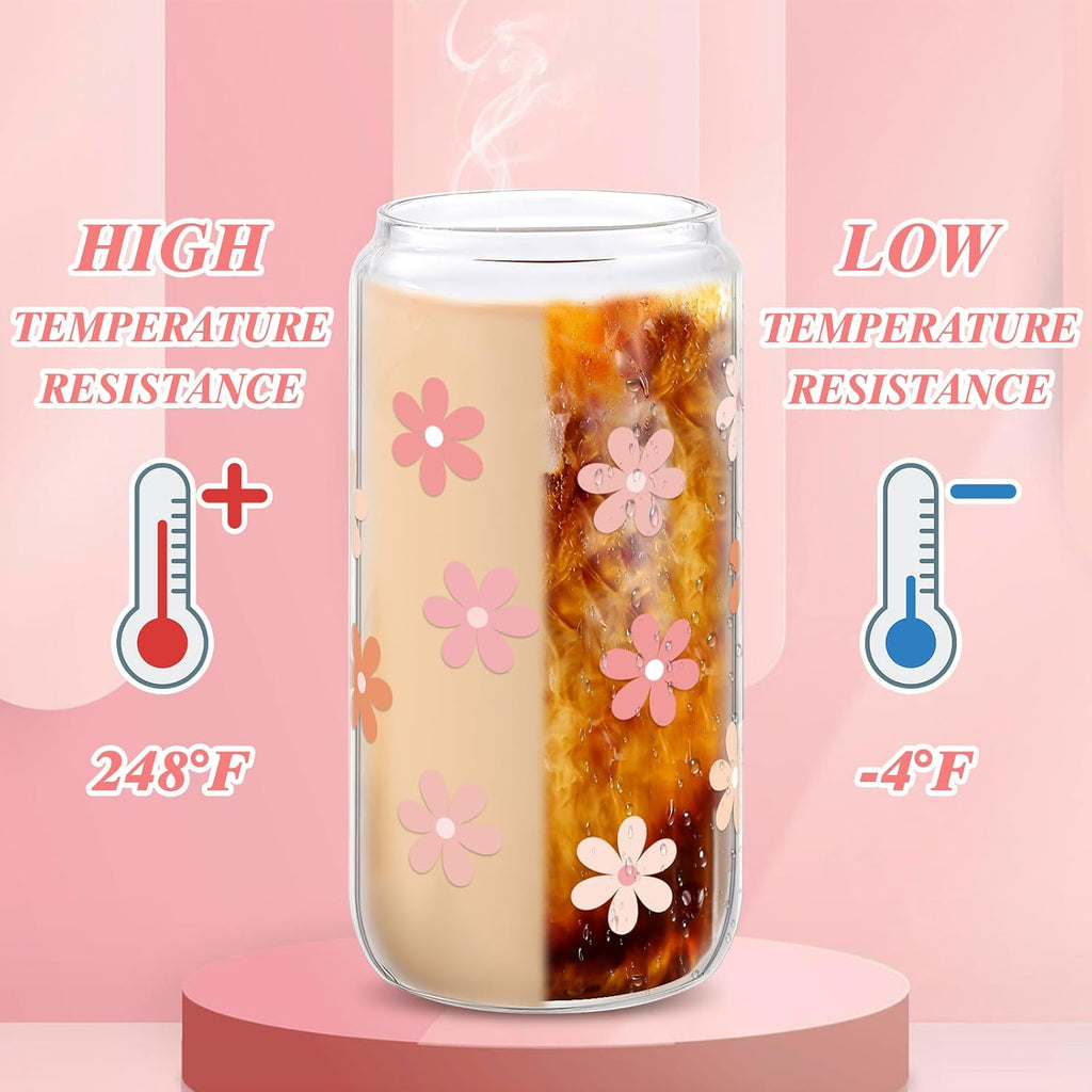 Cute Glass Cups with Lids and Straws, Daisy Flower Cup for Iced Coffee