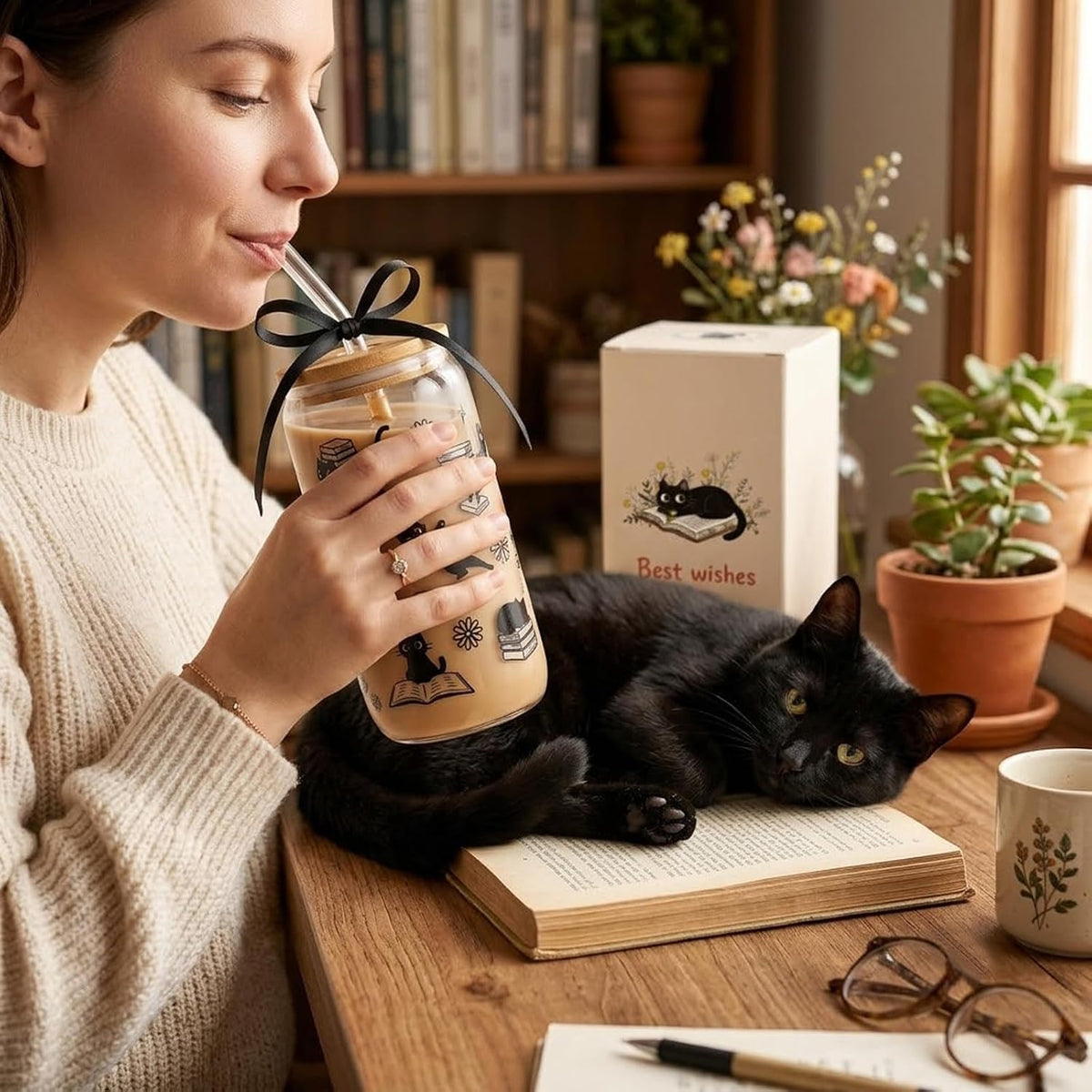 KORHONEN Cute Cat Gifts for Women, Halloween Black Cat Book Lover Glass Cup