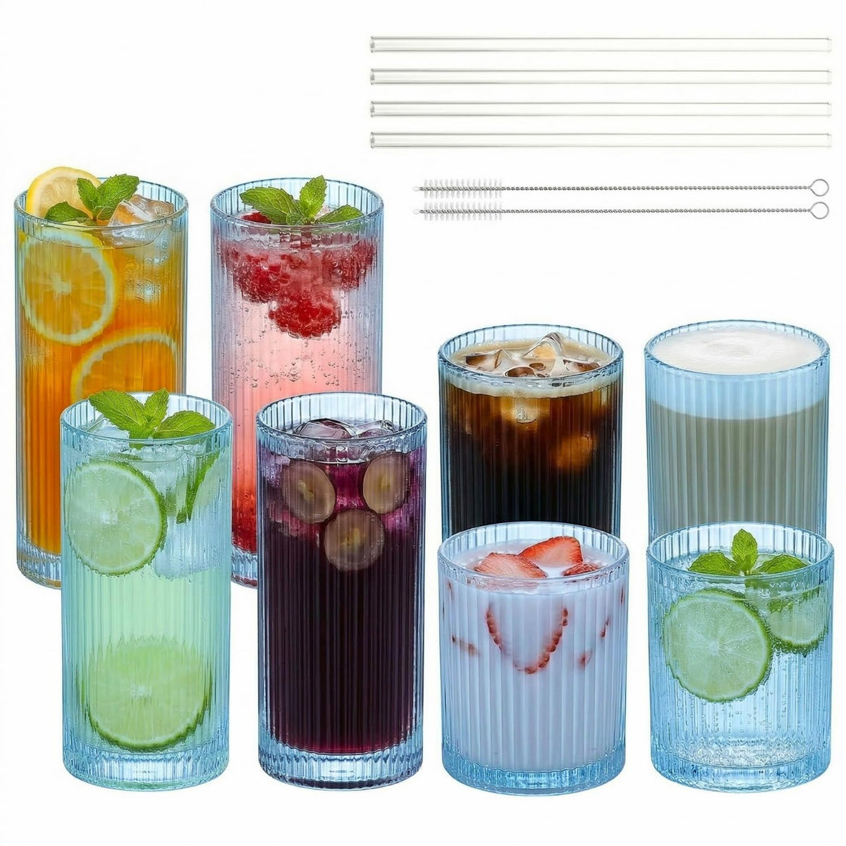 Ribbed Glass Cups with Straws, Pink Glass Drinking Cups, Drinking Glasses Set of 8, 13oz Highball & 10oz Water Glasses, Vintage Kitchen Glassware Set for Juice, Whiskey, Coffee, Cocktail