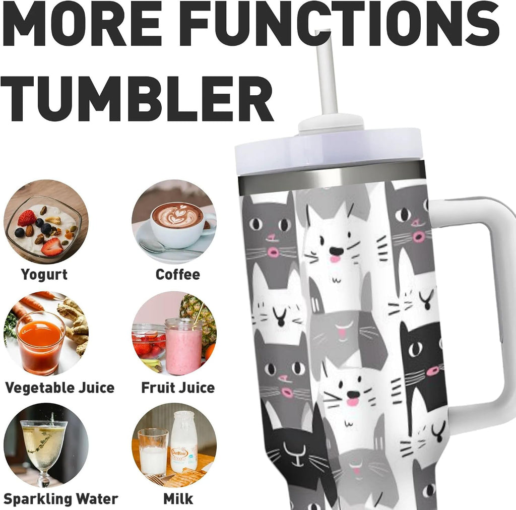 40 OZ (1200 ML) Cute Cats Insulated Tumbler With Straw Lid, Cartoon Kitten Steel Double Walled Vacuum Stainless Steel Coffee Cup for Home Travel Office Nursing